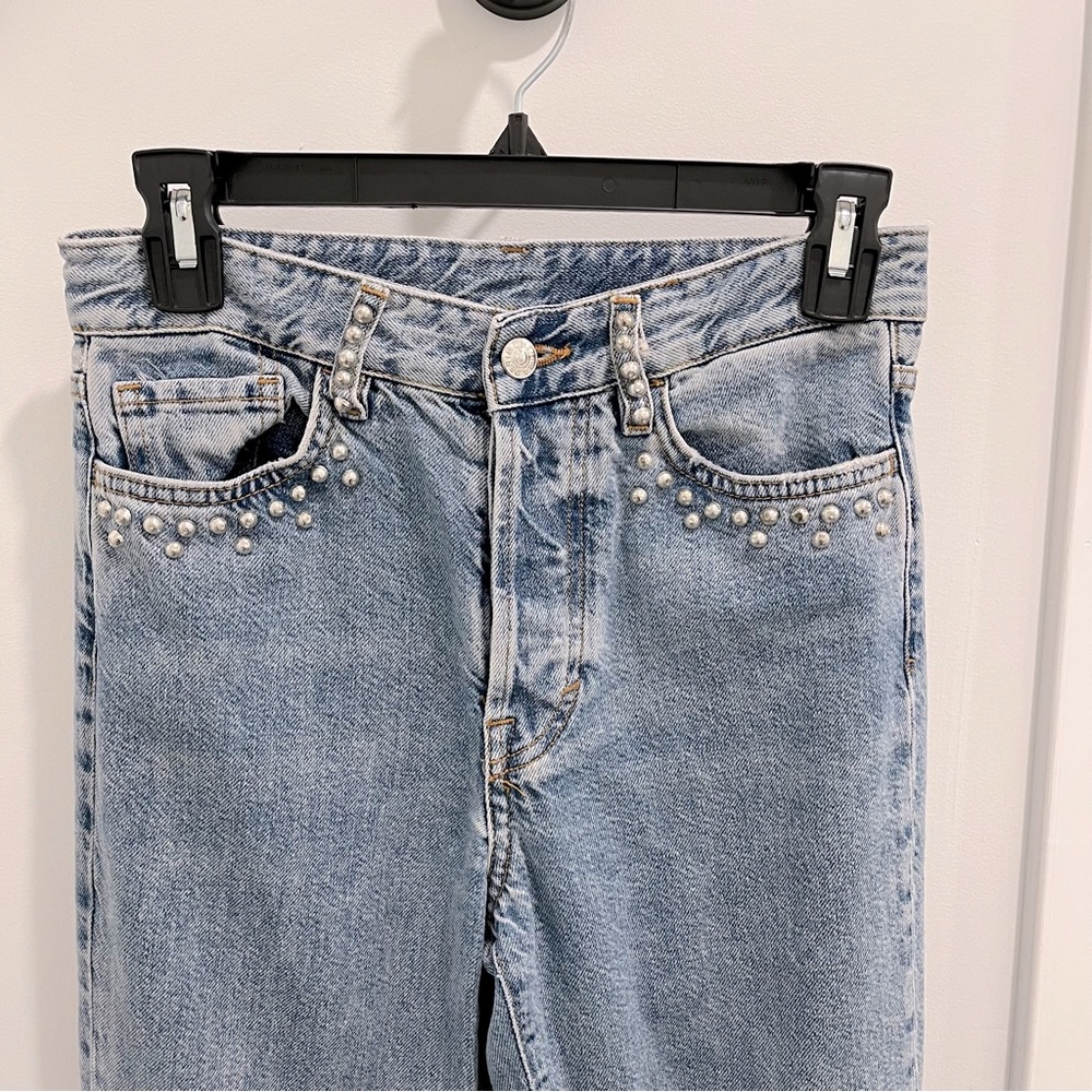 H&M blue high waisted straight jeans with studded details
